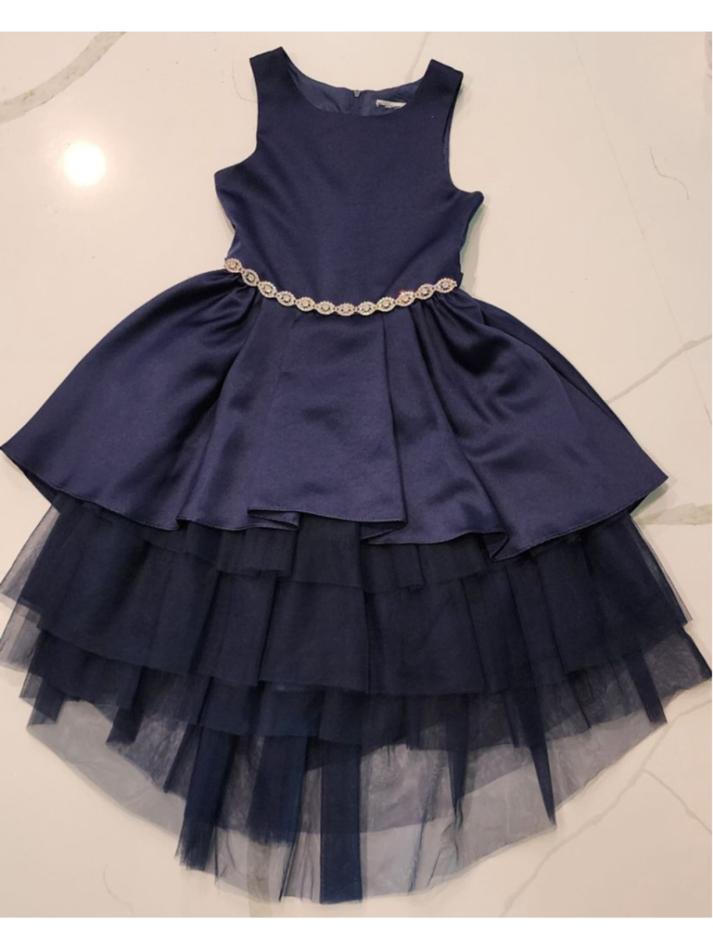Rare Editions Girls Navy Blue High-Low Dress Tulle Rhinestone Formal Size 6